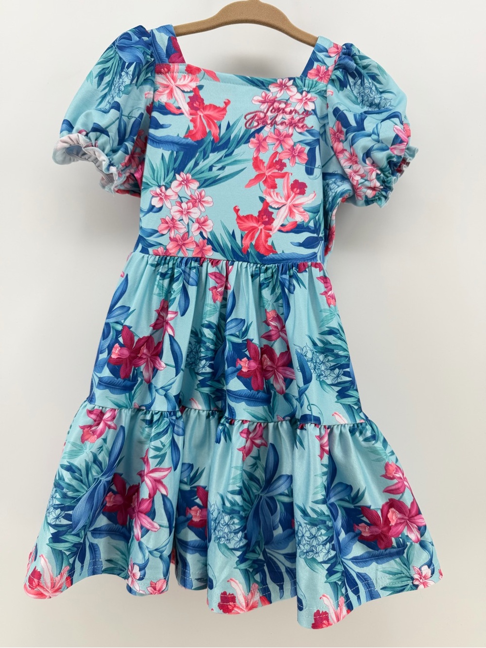 Tommy Bahama Aqua Floral Puff-Sleeve Dress with Pink & Blue Blooms